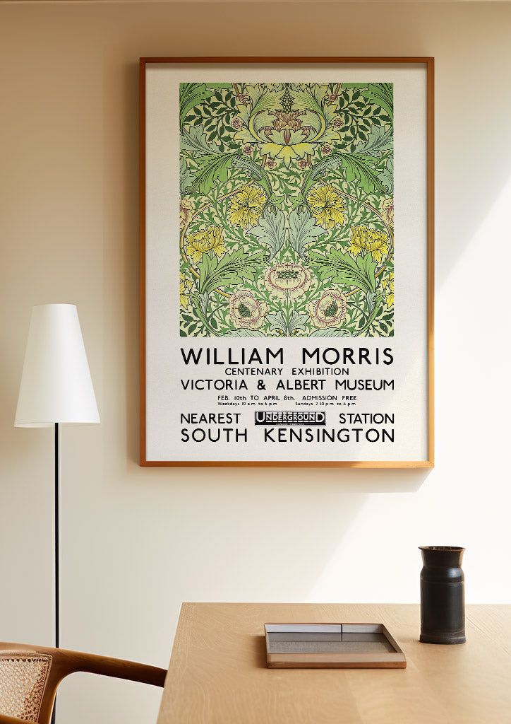 Green floral art by William Morris. Reproduction of a vintage exhibition poster from 1934. 