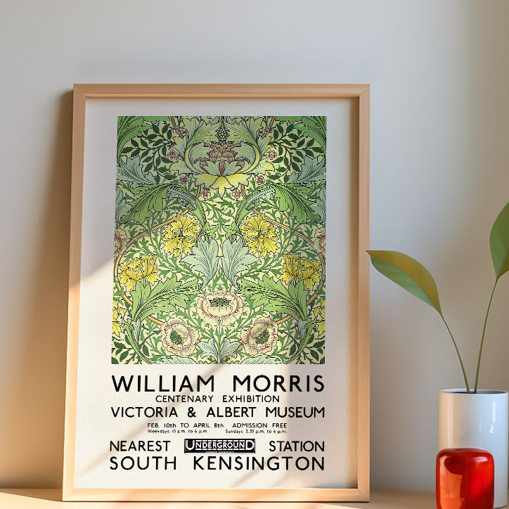 Green floral art by William Morris. Reproduction of a vintage exhibition poster from 1934. 