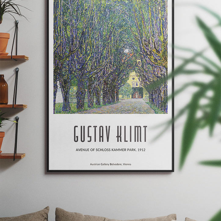 Gustav Klimt art nouveau poster featuring his landscape painting 'Avenue of Schloss Kammer Park' from 1912.
