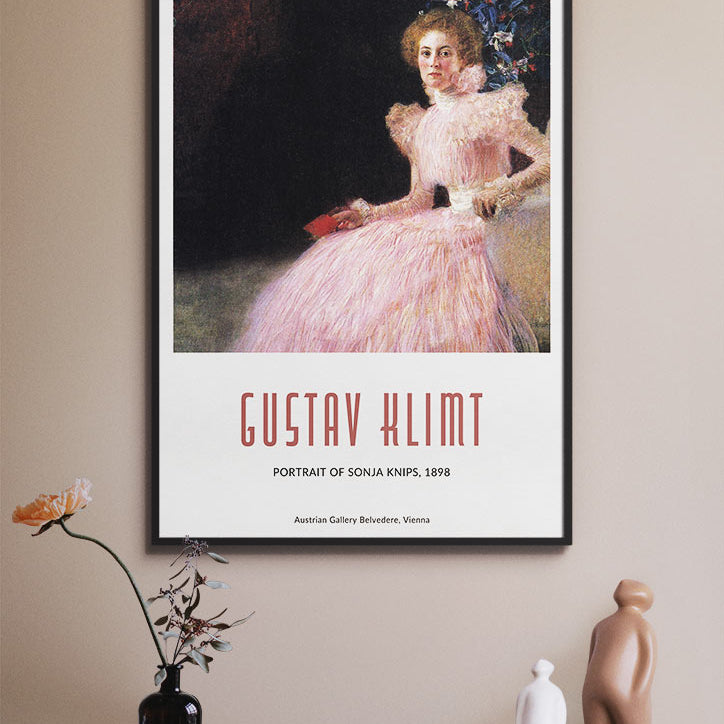 Gustav Klimt art poster featuring his artwork 'Portrait of Sonja Knips' from 1889.