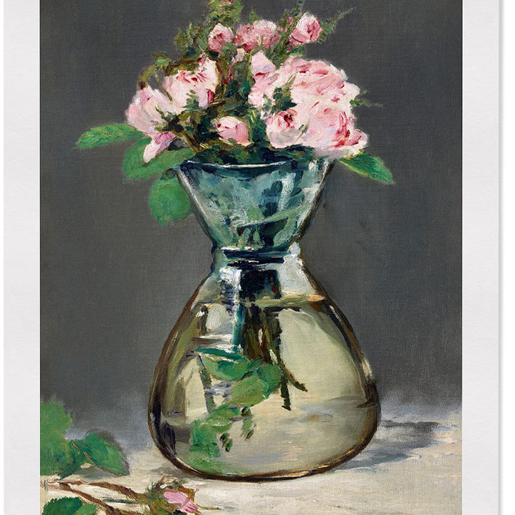 A beautiful art print by Édouard Manet featuring his painting 'Moss Roses in a Vase' from 1882.