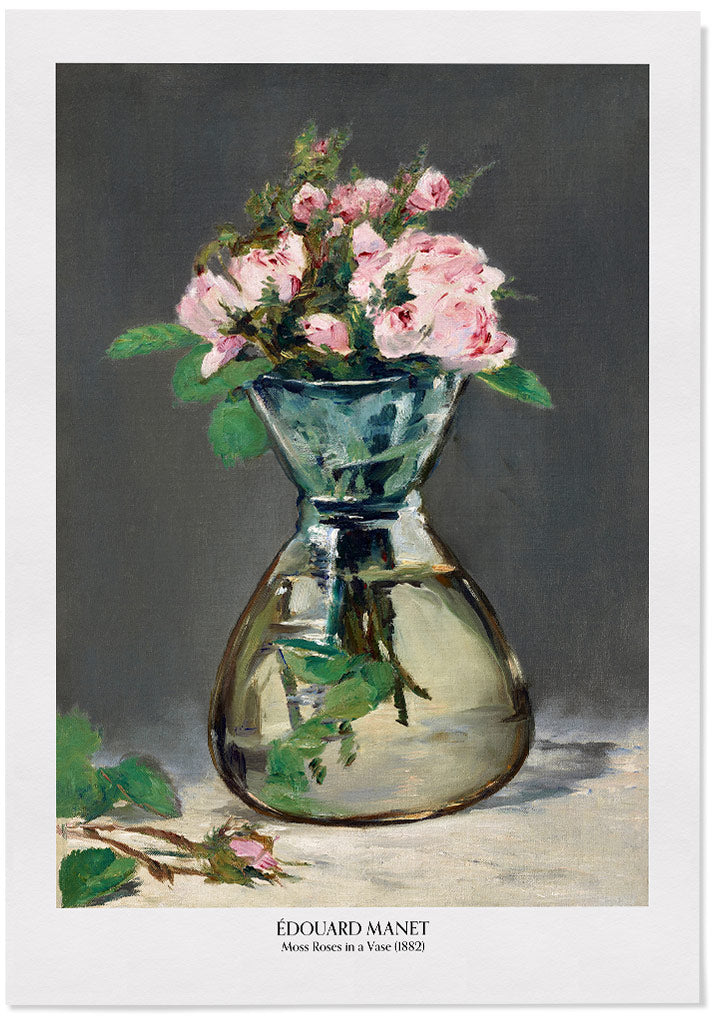 A beautiful art print by Édouard Manet featuring his painting 'Moss Roses in a Vase' from 1882.