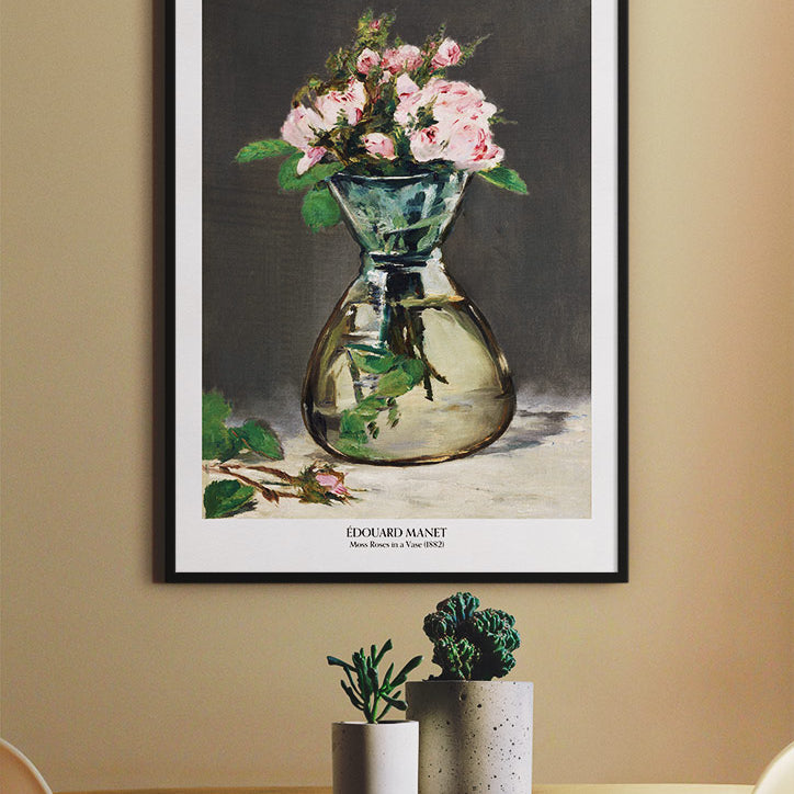 A beautiful art print by Édouard Manet featuring his painting 'Moss Roses in a Vase' from 1882.