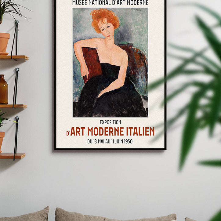 Amedeo Modigliani exhibition posters featuring his painting 'Portrait of the Red-Headed Woman'.