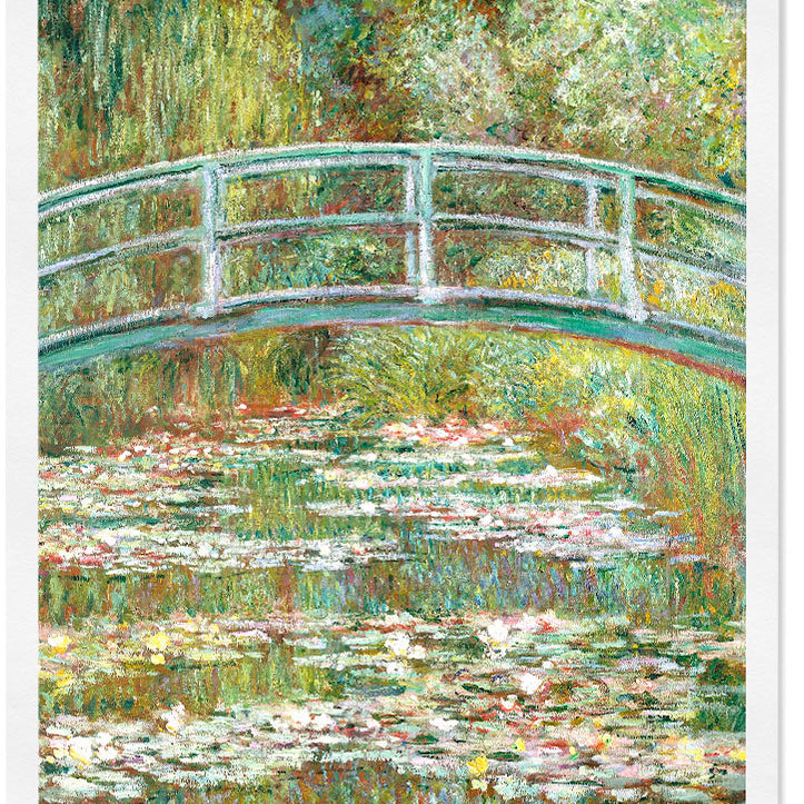 Claude Monet art poster featuring his masterpiece 'Bridge Over a Pond of Water Lilies'.