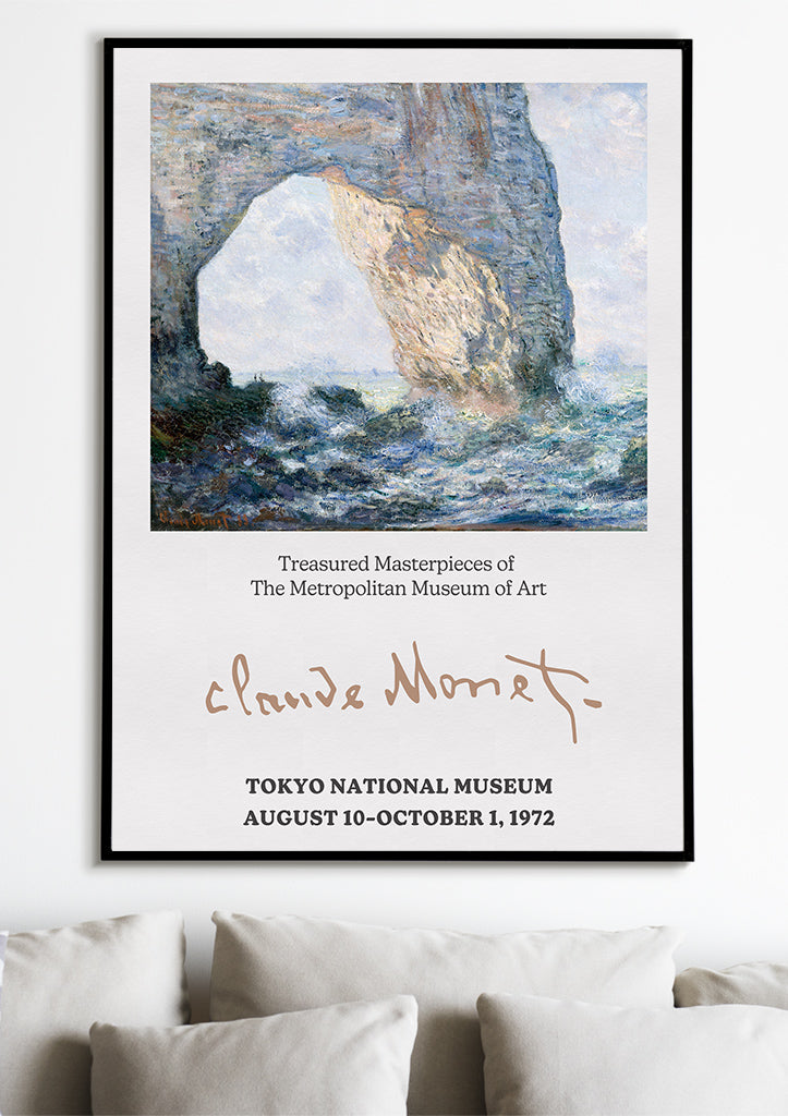 Claude Monet exhibition poster showing his signature and one of his masterpieces titled 'The Manneporte near Étretat'.