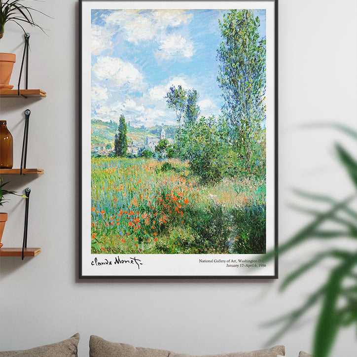 Claude Monet exhibition poster, featuring his painting 'View of Vétheuil' from 1897.