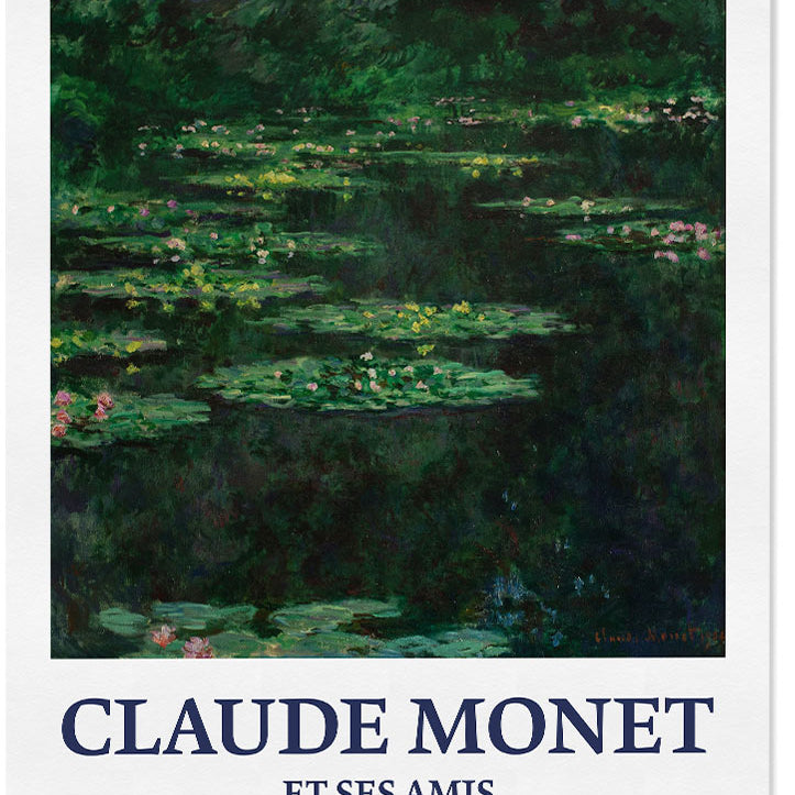 A vintage style Claude Monet exhibition poster featuring one of his paintings from the 'Water Lilies' series.