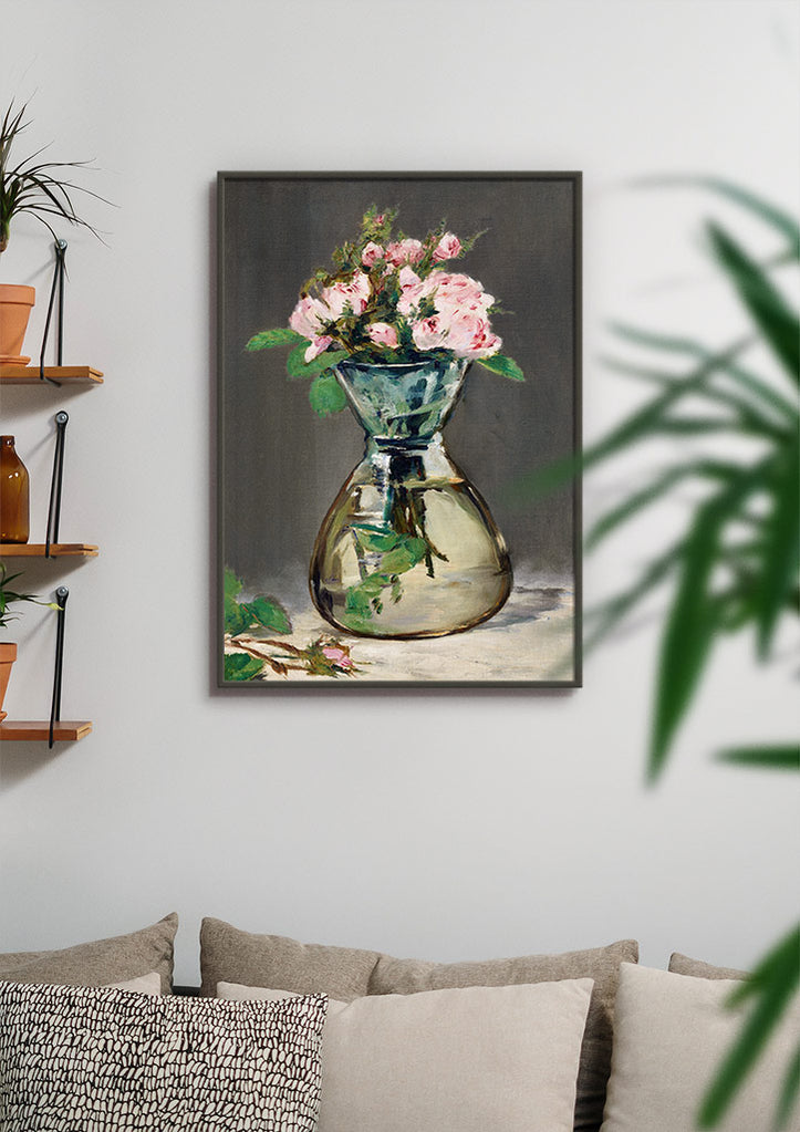 A beautiful art print by Édouard Manet featuring his painting 'Moss Roses in a Vase' from 1882.