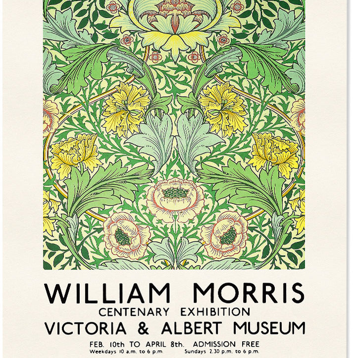 Green floral art by William Morris. Reproduction of a vintage exhibition poster from 1934. 