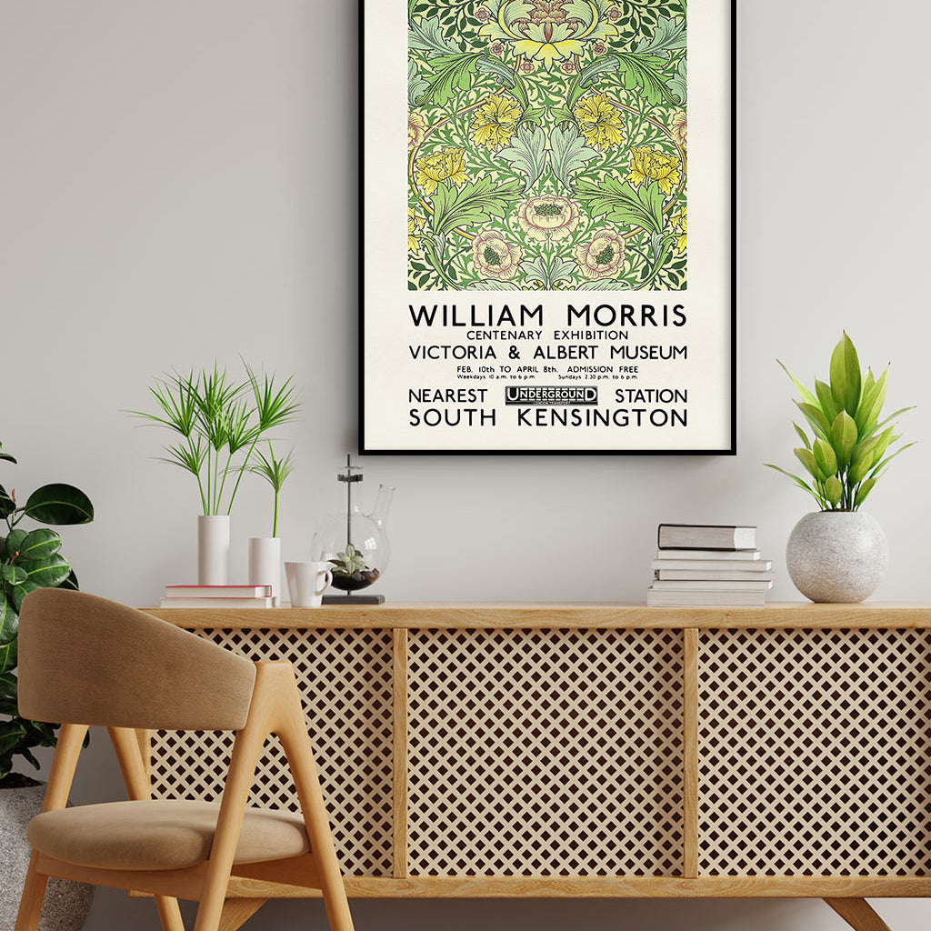 Green floral art by William Morris. Reproduction of a vintage exhibition poster from 1934. 
