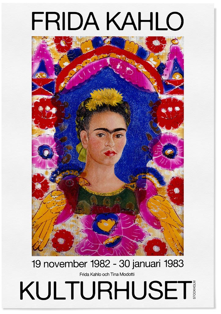 Frida Kahlo exhibition poster showing her painting The Frame