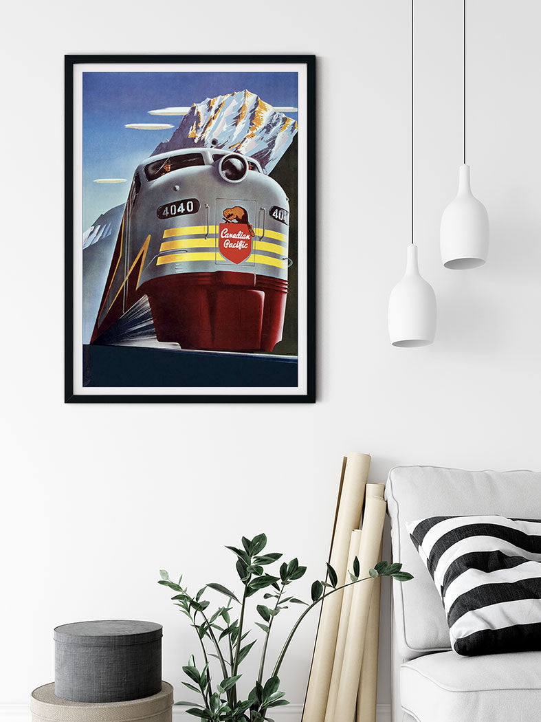 Canada travel poster, showing a train in a winter landscape with snowy hills in the background
