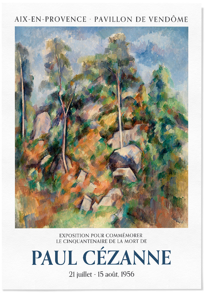 Paul Cezanne Rocks and Trees painting, mid century modern art exhibition poster