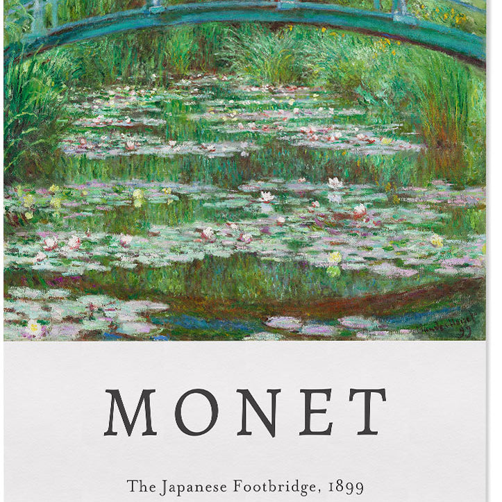Claude Monet impressionist art poster, featuring his masterpiece 'The Japanese Footbridge' from 1893. 
