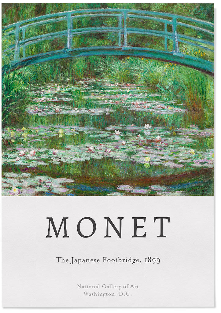 Claude Monet impressionist art poster, featuring his masterpiece 'The Japanese Footbridge' from 1893. 