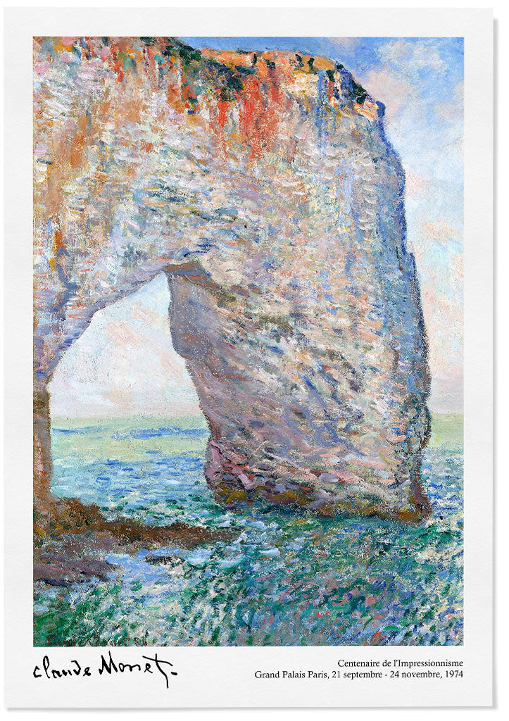 Claude Monet exhibition poster showing his artwork 'The Manneporte near Étretat' from 1883. 