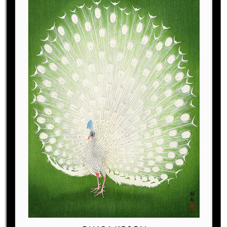 Peacock art poster by Ohara Koson. Vintage Japanese woodblock print.