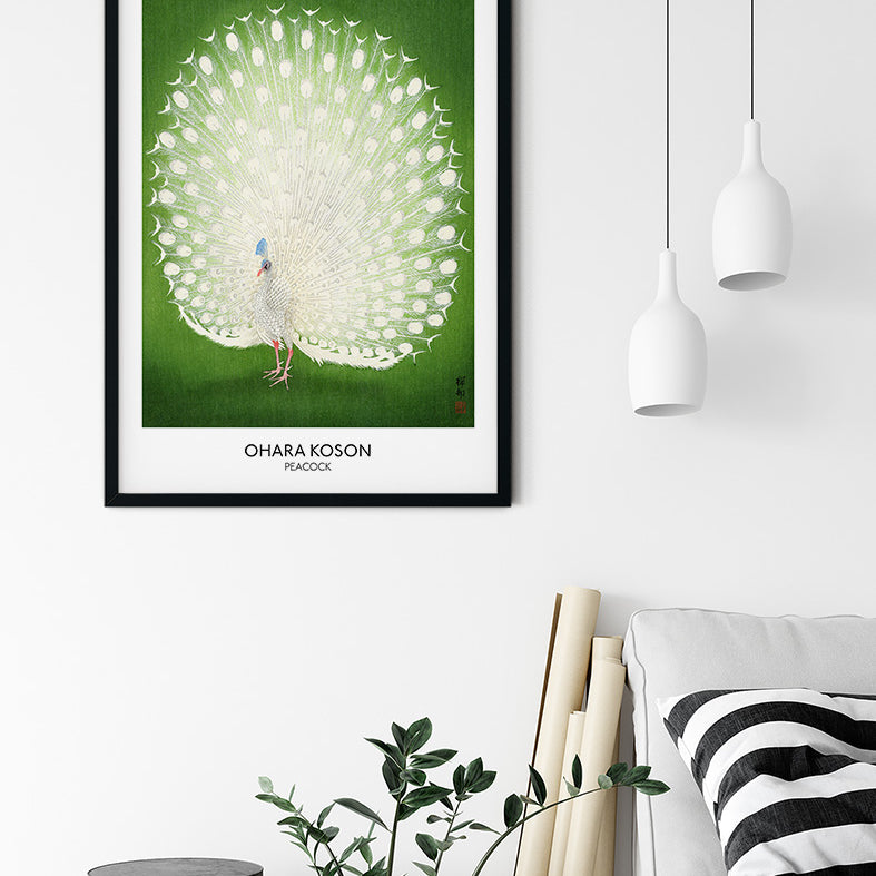 Peacock art poster by Ohara Koson. Vintage Japanese woodblock print.