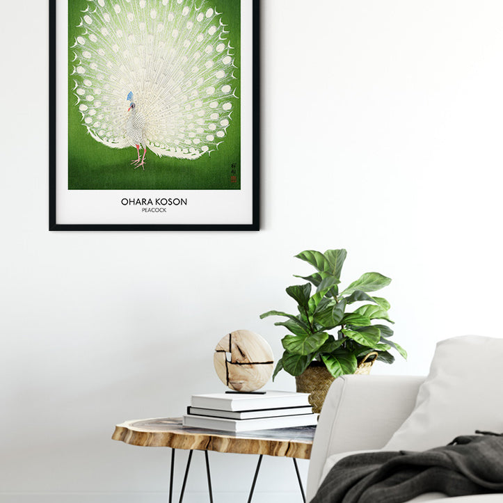 Peacock art poster by Ohara Koson. Vintage Japanese woodblock print.