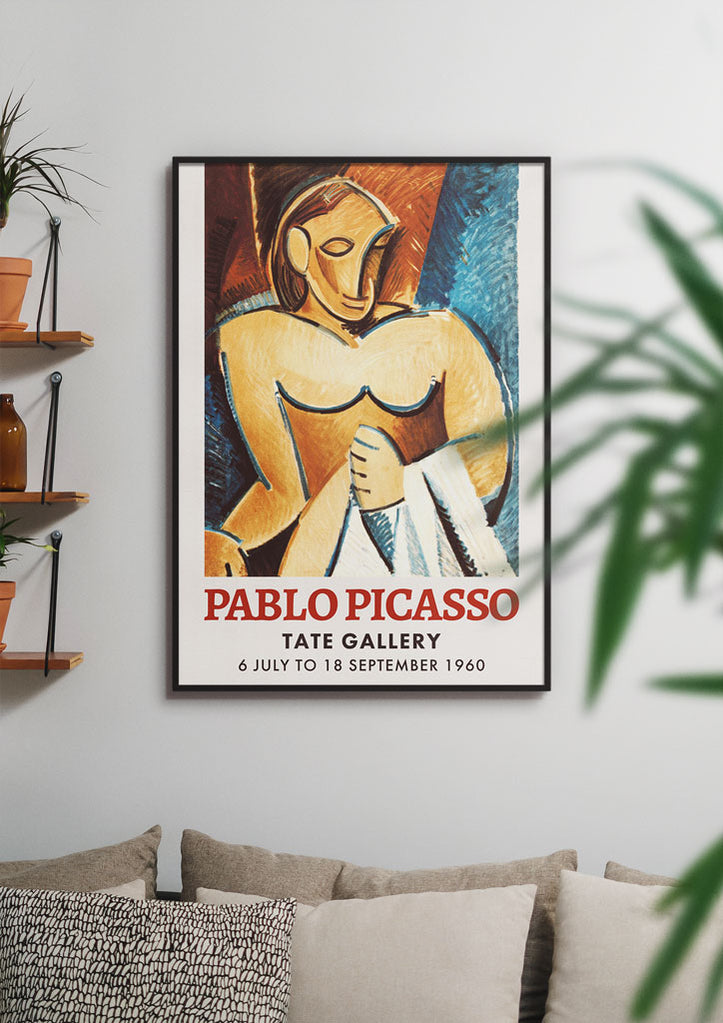 Pablo Picasso art exhibition poster featuring his artwork 'Nude with Towel' from 1907.