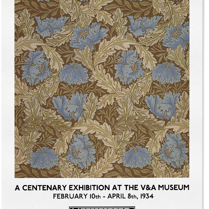 William Morris floral wall art print in blue and brown colours, text at the top and bottom